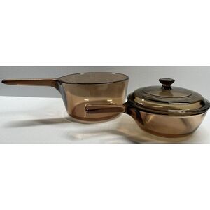 Vision Corning France 1.5 & USA 0.5 Covered Sauce Pan Vtg Pot Amber Glass Ware